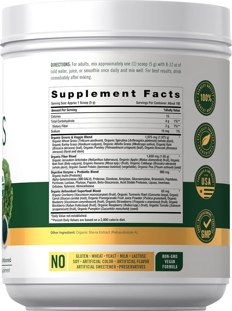 Panel showing Supplement Facts for Organic Greens Powder.