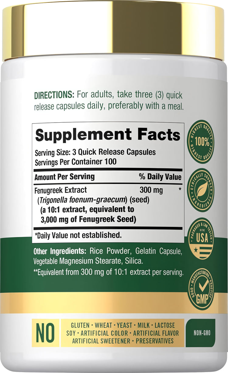 Supplement Facts for Fenugreek 3000mg with 300 Capsules.