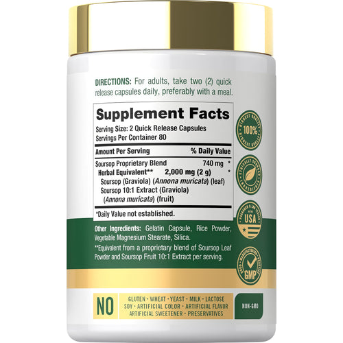 View 2 Image of Soursop 160 Quick Release Capsules in a bottle for natural wellness support and immune health.