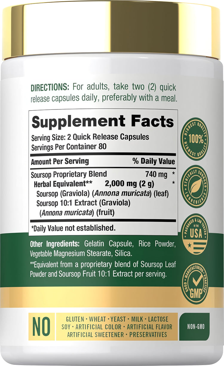 Image of Soursop 160 Quick Release Capsules in a bottle for natural wellness support and immune health.