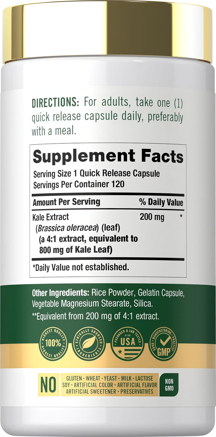 Supplement Facts label displaying details for Kale 800 mg, packaged in 120 capsules.