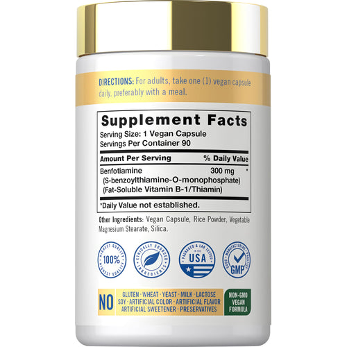 View 2 Supplement Facts panel showing Benfotiamine 300 mg in a bottle of 90 capsules.