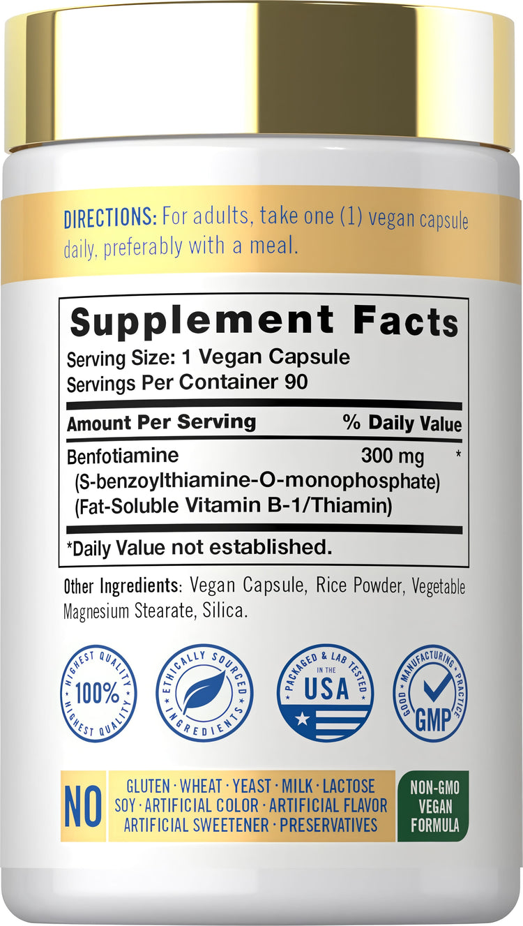 Supplement Facts panel showing Benfotiamine 300 mg in a bottle of 90 capsules.