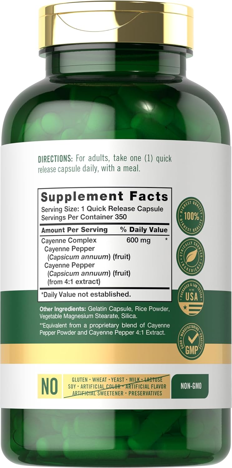 Carlyle Cayenne 600 mg, 350 quick-release capsules displayed in a bottle.
