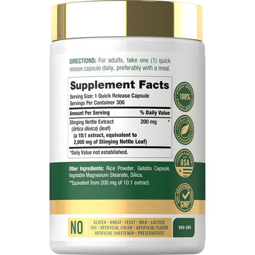 View 2 Supplement Facts label for Carlyle Stinging Nettles 2000 mg, 300 Capsules.