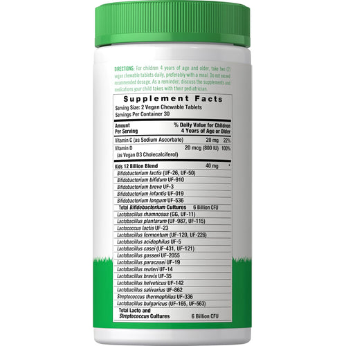 View 2 Supplement Facts panel for Organic Kids 12B Probiotic Chewable, 60 Tablets.
