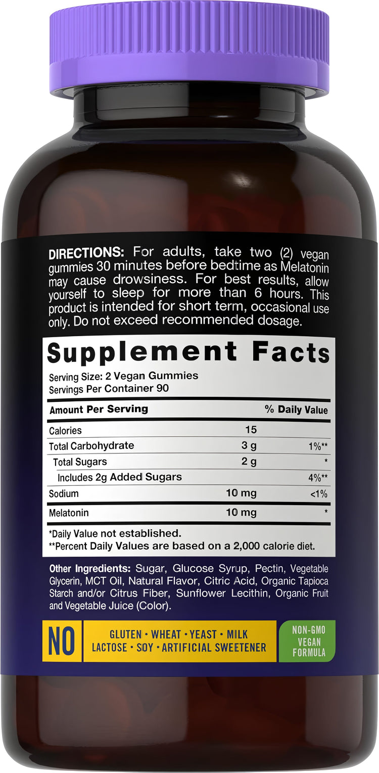 Supplement Facts panel showing 180 gummies of CL Melatonin 10 mg.