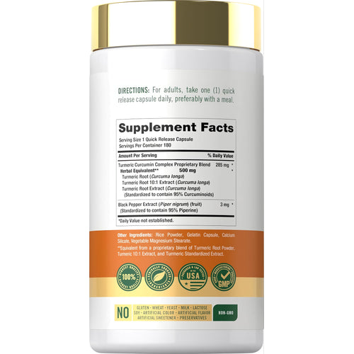 View 2 Carlyle Standardized Turmeric 500 mg with Bioperine, 180 quick-release capsules.