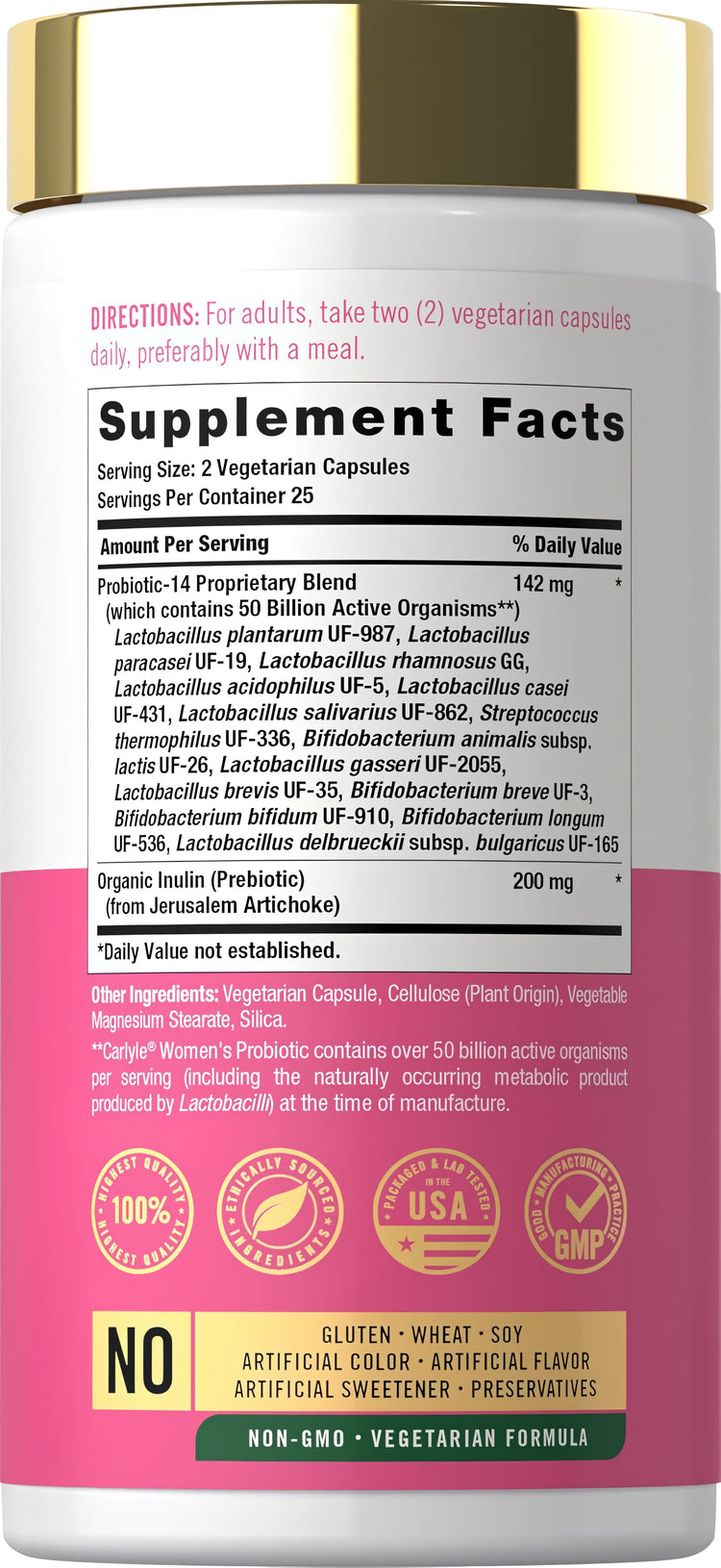 Supplement Facts for Carlyle for her Prebiotic & Probiotic, 50 capsules.