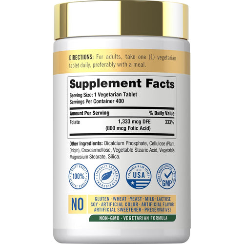 View 2 Supplement Facts panel for Carlyle Folic Acid 800 mcg with 400 tablets included.