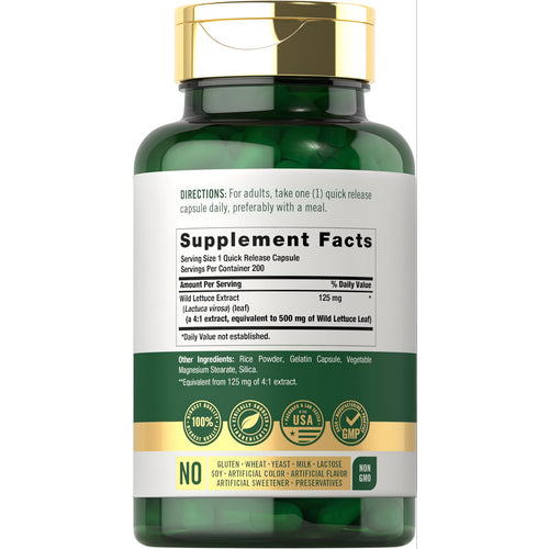 View 2 Wild Lettuce Extract 125 mg in 200 quick release capsules equivalent to 500 mg.
