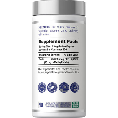 View 2 Supplement Facts panel for CL L-Methylfolate 15 mg with 120 capsules in the bottle.
