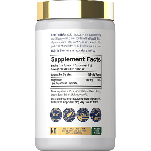 View 2 Image of the Supplement Facts panel for Magnesium Bisglycinate Powder, 8 oz, detailing ingredients and nutritional information.