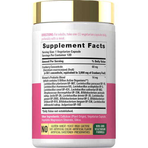 View 2 Supplement Facts panel for Carlyle Women's Cranberry plus Probiotics, detailing nutritional information and ingredient list.