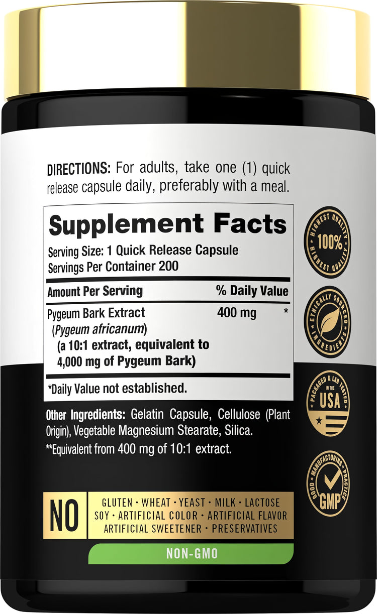 Image of the Supplement Facts panel for CL Pygeum 4000 mg, showing details of 200 capsules.
