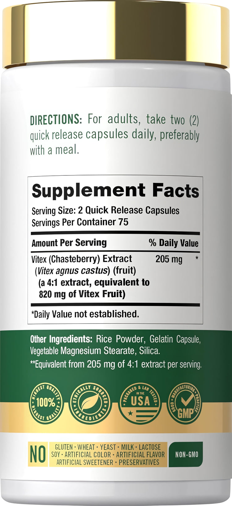 Carlyle Vitex 820 mg supplement bottle with 150 quick release capsules.