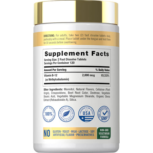 View 2 Supplement Facts panel for B12 Methylcobalamin 2000 mcg 240 Tablet.