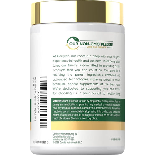View 1 Carlyle Parsley Leaf 1200 mg 300 capsules bottle featuring 'Our Non-GMO Pledge' logo.