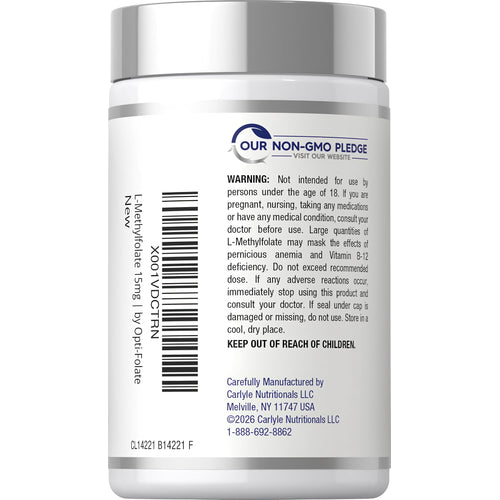 View 3 Opti-Folate L-Methylfolate 15mg supplement bottle showing Our Non-GMO Pledge logo, brand new product.