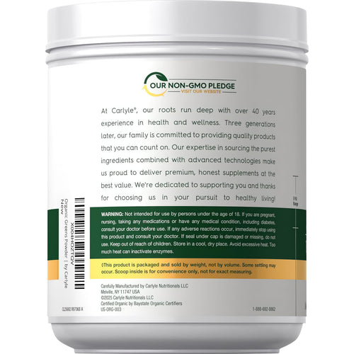 View 3 Back label of CL Organic Greens Powder 1.1 lbs shows Non-GMO Pledge, Certified Organic label, warnings, and company information.