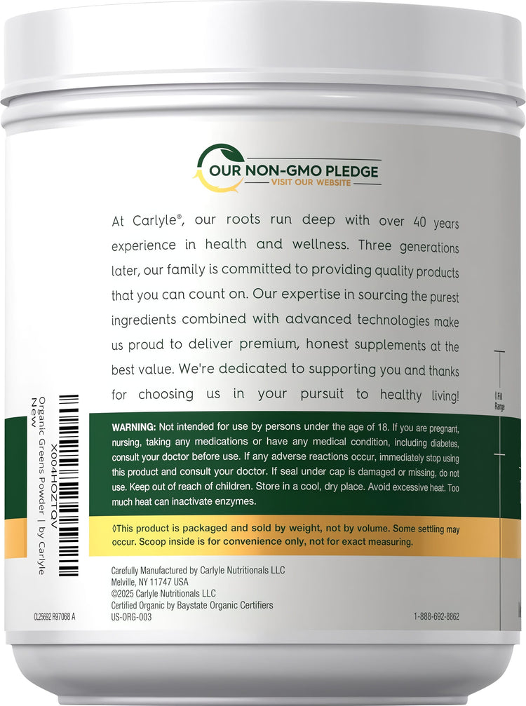 Back label of CL Organic Greens Powder 1.1 lbs shows Non-GMO Pledge, Certified Organic label, warnings, and company information.