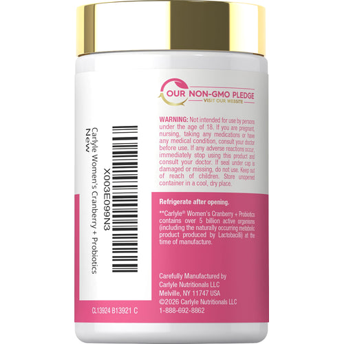 View 3 Carlyle Women's Cranberry + Probiotics with 120 capsules shown in bottle.