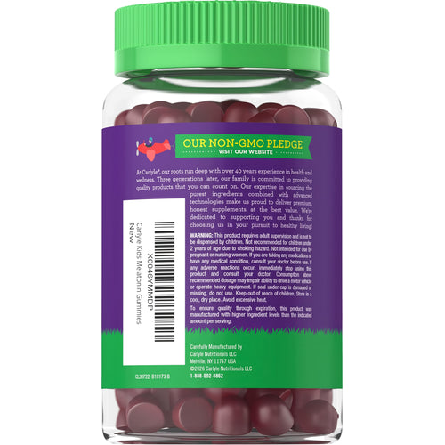 View 3 Carlyle Kids Melatonin 1mg, 100 gummies in a plastic bottle for sleep support.
