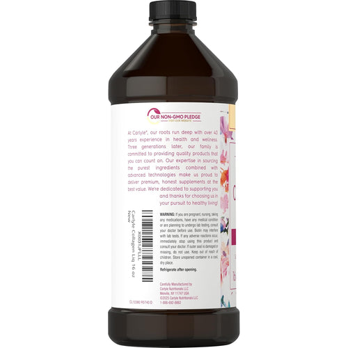 View 3 Carlyle Collagen Liquid 16 oz bottle, back label with 'Our Non-GMO Pledge' and safety warnings visible.