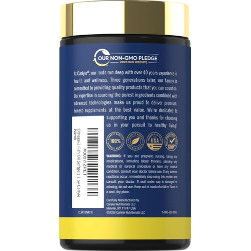 View 3 Carlyle Omega-3 Fish Oil Lemon Fla 3600 mg 120 Softgels bottle, back label displaying company info and health warnings.