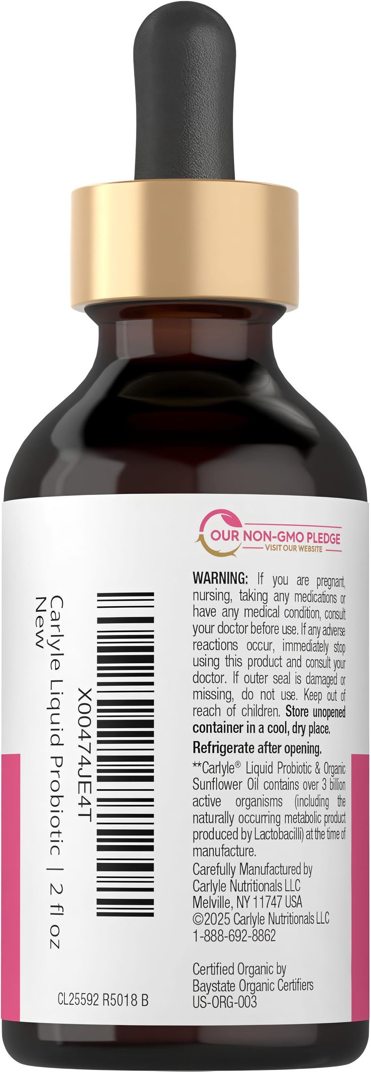 Carlyle Liquid Probiotic bottle with 3 billion CFU per ml, 2 fl oz, with dropper.