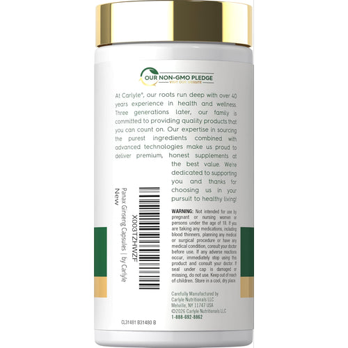View 3 Carlyle Panax Ginseng & Ginkgo 5000mg 120 VC Capsules bottle features 'OUR NON-GMO PLEDGE' logo.