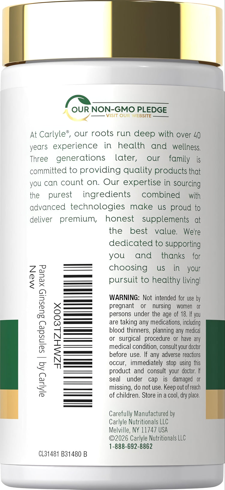 Carlyle Panax Ginseng & Ginkgo 5000mg 120 VC Capsules bottle features 'OUR NON-GMO PLEDGE' logo.