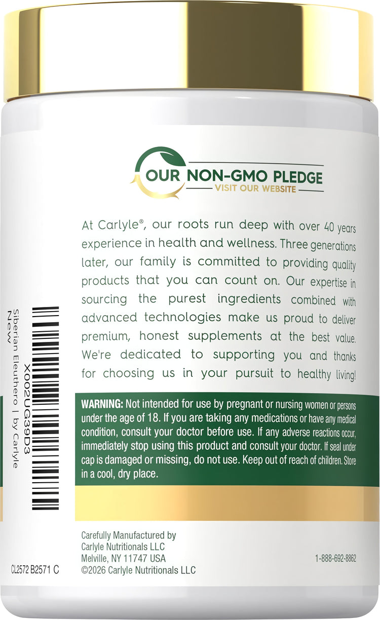 Carlyle Siberian Eleuthero 2400 mg supplement, available in a bottle of 300 capsules.