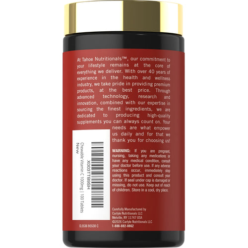 View 3 Tahoe Nutritionals Chewable Vitamin C 1000mg tablets, 100 count, displayed in a bottle for boosting vitamin C intake.