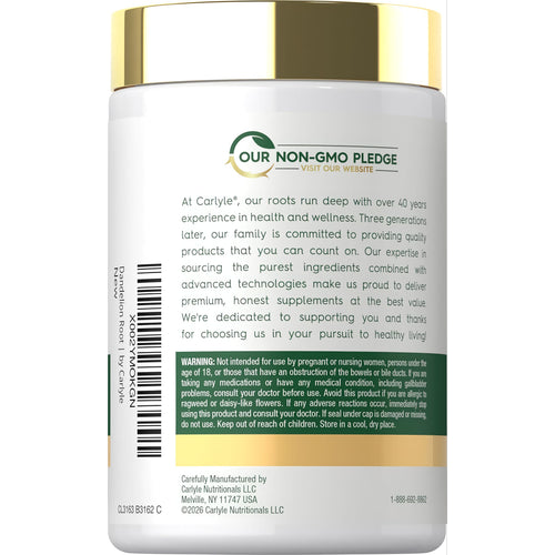 View 3 Carlyle Dandelion Root 1800 mg 300 Capsules bottle with 'OUR NON-GMO PLEDGE' label prominently displayed.