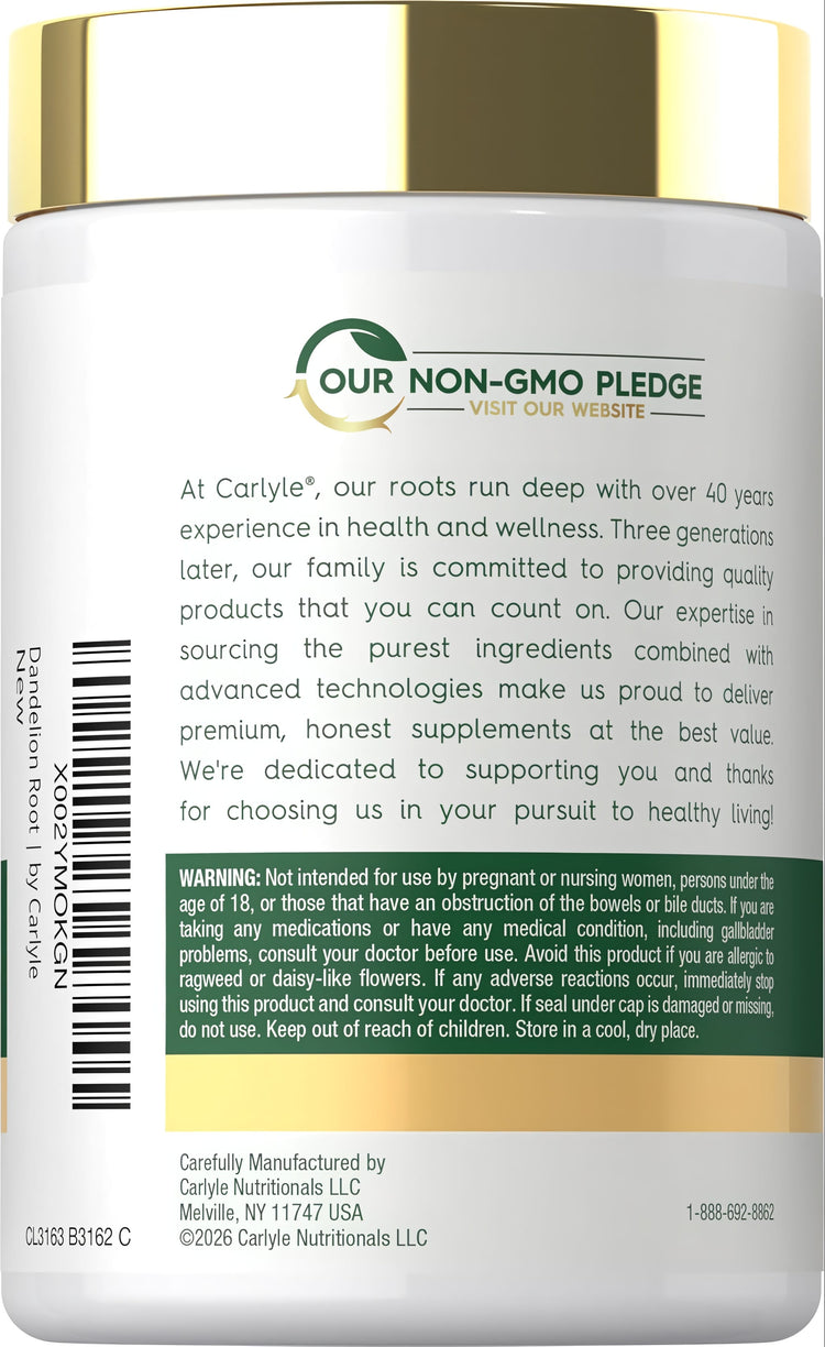 Carlyle Dandelion Root 1800 mg 300 Capsules bottle with 'OUR NON-GMO PLEDGE' label prominently displayed.