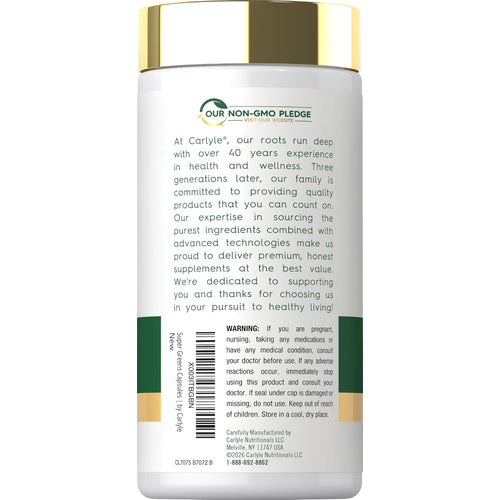 View 3 Carlyle Super Greens 250 Capsules come in a white bottle with a gold cap.