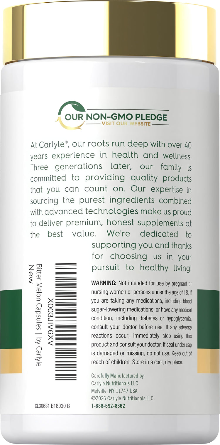 Carlyle Bitter Melon 1200 mg bottle with 180 capsules and a graphic for Non-GMO pledge.