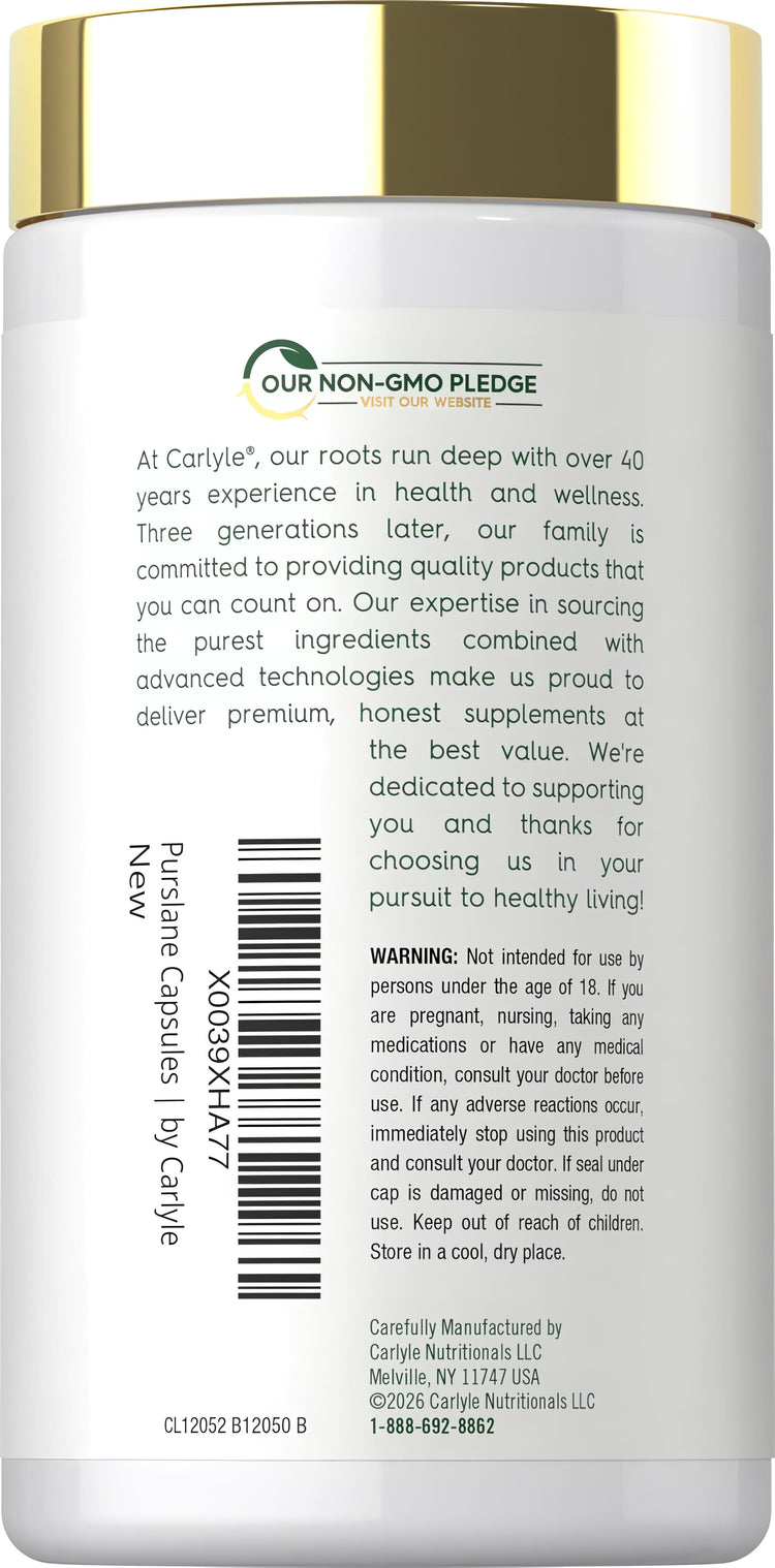 Carlyle Purslane 500 mg, 120 Capsules, featuring a 'OUR NON-GMO PLEDGE' logo on the label.