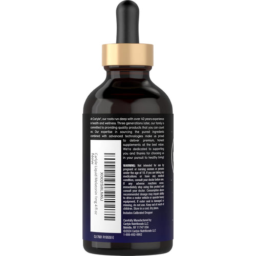 View 3 Carlyle Liquid Melatonin 1mg, 4 fl oz bottle, used for sleep support and relaxation.