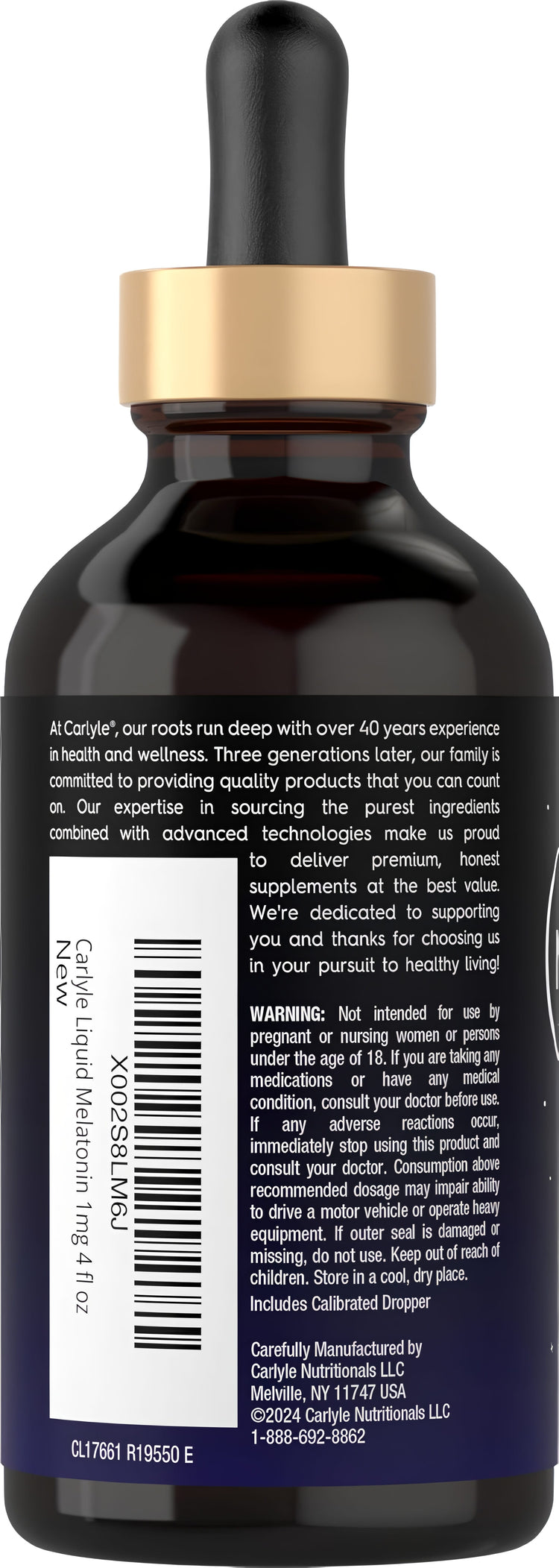 Carlyle Liquid Melatonin 1mg, 4 fl oz bottle, used for sleep support and relaxation.
