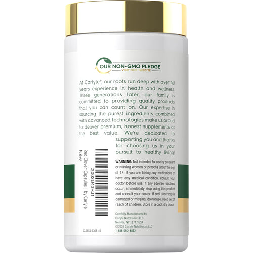 View 3 Carlyle Red Clover dietary supplement with 1200 mg per serving, available in a bottle of 200 capsules for health support.