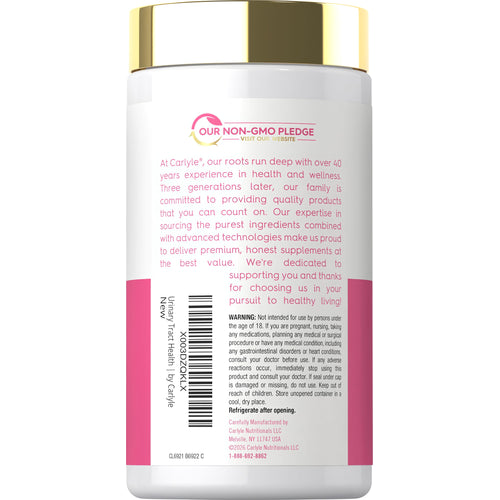 View 3 Carlyle Urinary Tract Health for Women 120 Cap, back label detailing Non-GMO pledge, warnings, and usage instructions.
