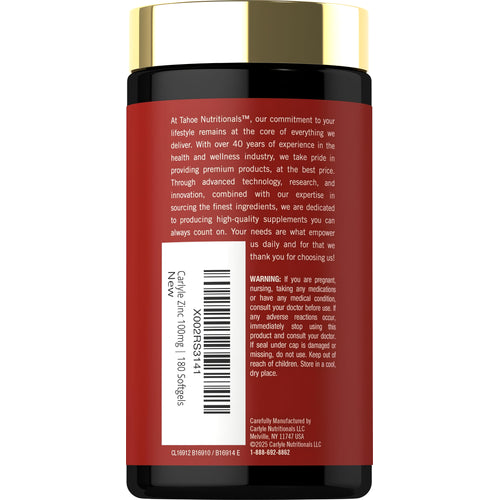 View 3 Bottle of Tahoe Nutritionals Carlyle Zinc, 100mg, 180 softgels.