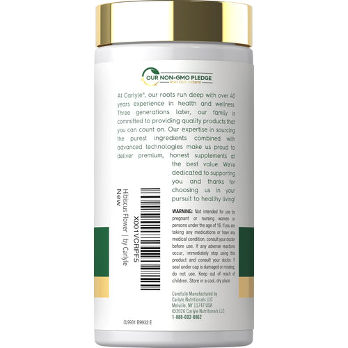View 3 Carlyle Hibiscus Flower supplement contains 1100 mg per serving and includes 120 capsules in a bottle.