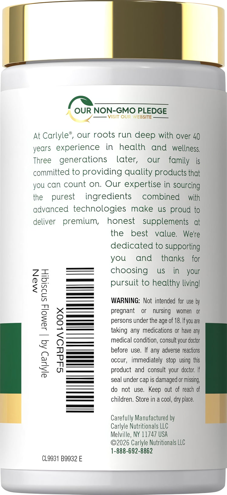 Carlyle Hibiscus Flower supplement contains 1100 mg per serving and includes 120 capsules in a bottle.