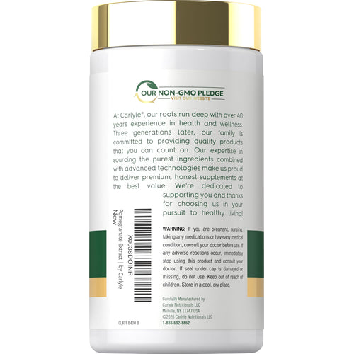 View 3 Carlyle Pomegranate Extract 11,250mg, 100 Capsules, labeled with a Non-GMO Pledge, shown in bottle form.