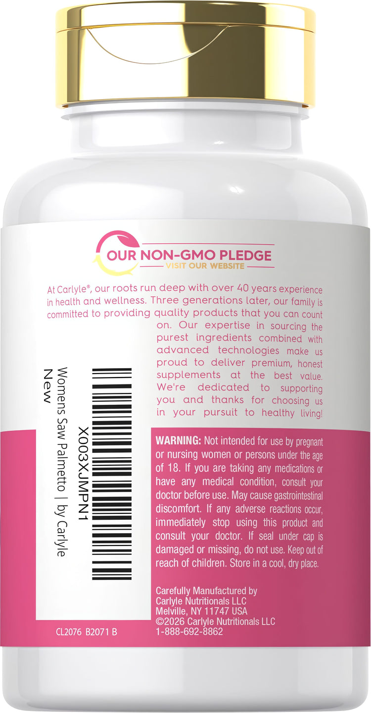 Carlyle Womens Saw Palmetto 900mg capsules bottle containing 120 capsules, each 450mg, is displayed in the image.
