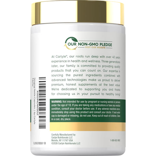 View 3 Carlyle Stinging Nettles supplement with 2000 mg per serving, containing 300 capsules for health and wellness support.