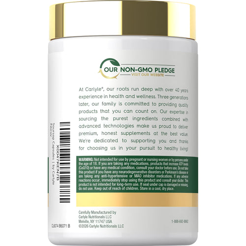 View 3 Back of Carlyle Soursop 160 Capsules bottle featuring 'OUR NON-GMO PLEDGE' graphic.